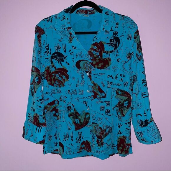 Tianello M Blouse Japanese Print Button Collar 3/4 Sleeves - Picture 1 of 11